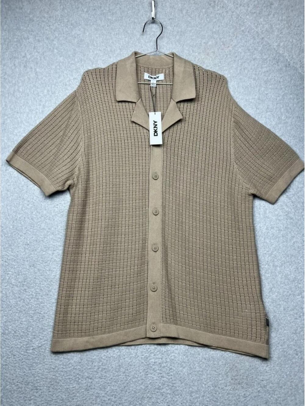 DKNY Men’s Knit Camp Shirt L Cafe Tan Retro 70s Quiet Luxury Sweater Polo